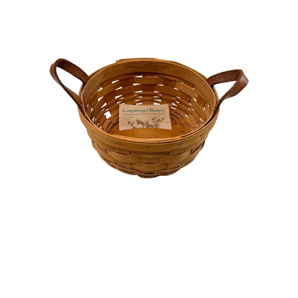 1999 Longaberger Button Basket w/2 Leather Handles 7"RD x 3"H